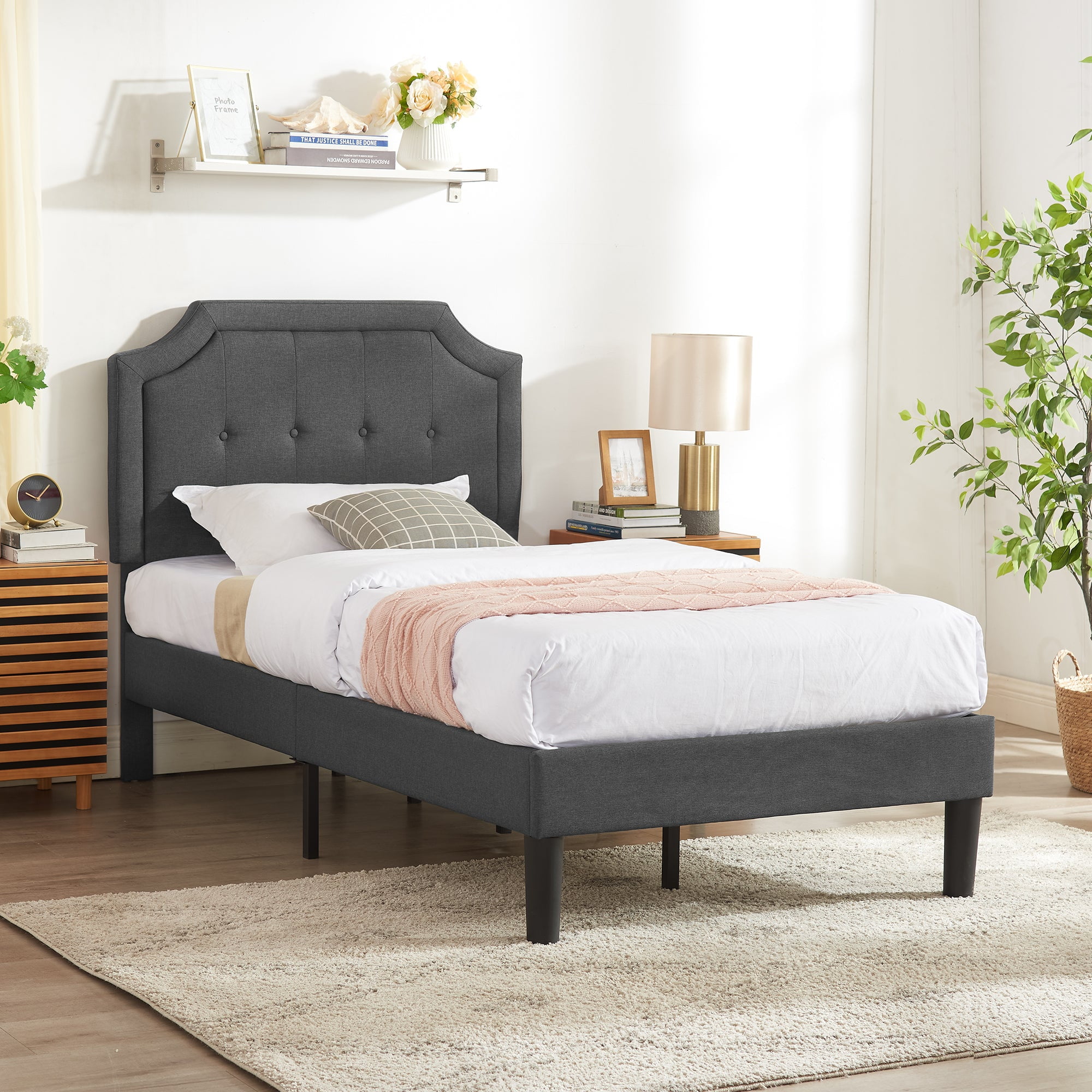 Javlergo Twin Size Bed Frame with Upholstered Adjustable Diamond Stitched Panel Headboard, Wood Slat Support/Easy Assembly, Gray