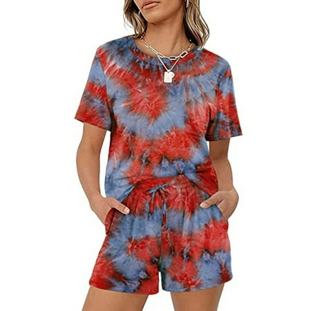Riforla Womens Two Piece Outfits Printed Tops Blouse T Shirt Shorts Set with Pockets Elegant Women s Sets Red XL