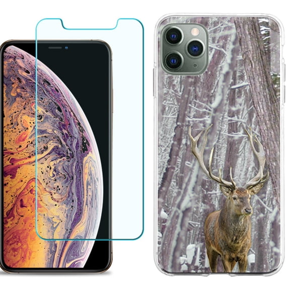 For Apple iPhone 11 Pro Max Phone Case , Slim-Fit TPU Case with Tempered Glass Screen Protector, by OneToughShield ® - Deer/Snow/Camo