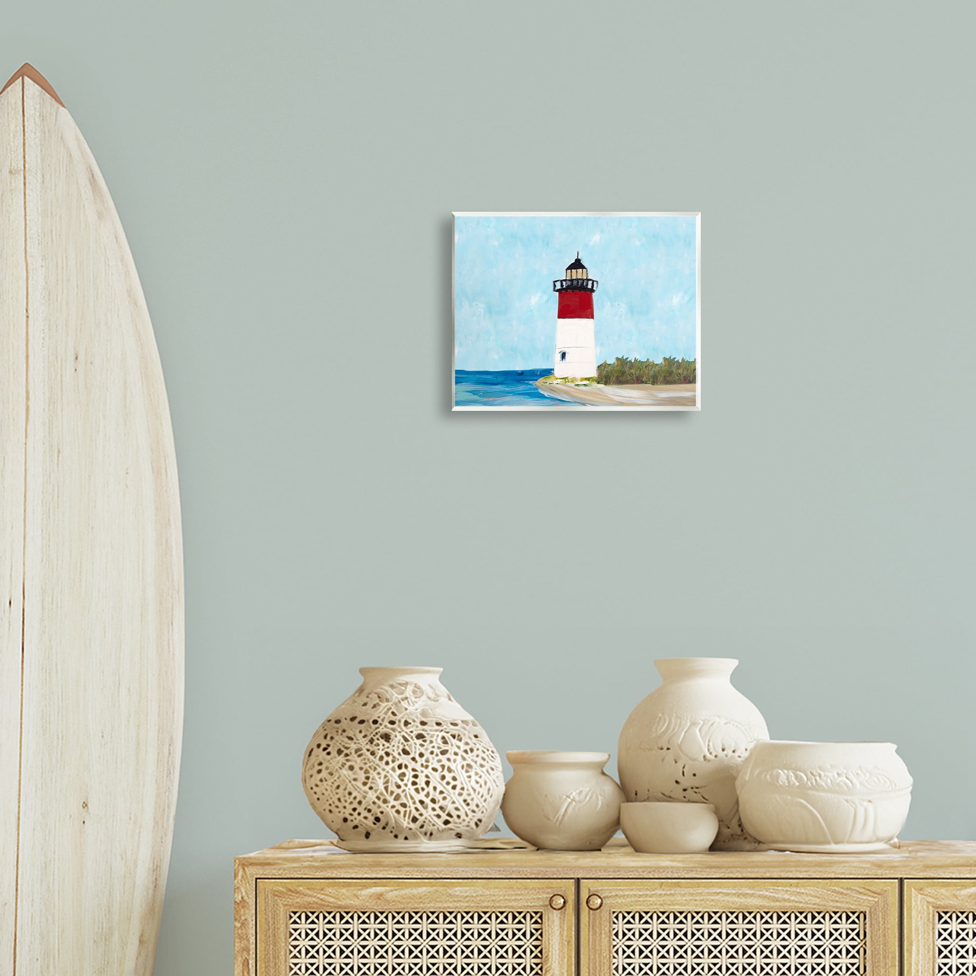 Stupell Industries Coastal Lighthouse on Blue Coastal Painting Unframed Art Print Wall Art, 14 x 11