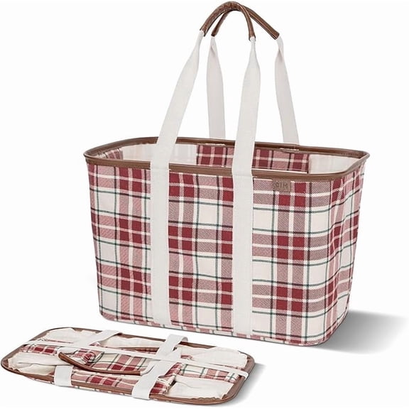 CleverMade Collapsible Canvas Tote Bag, 8 Gal, Red Checkered