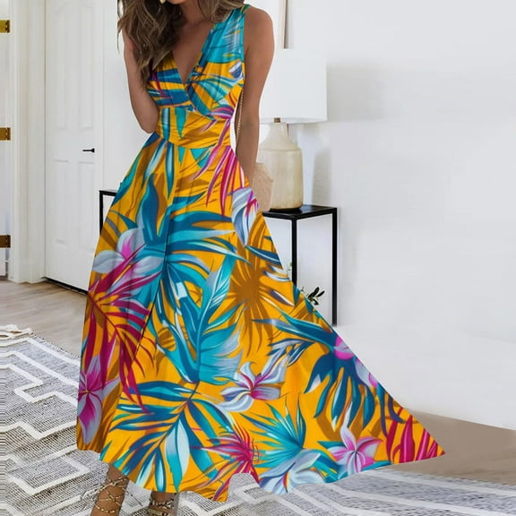 Viikei Women's Plus Size Maxi Dress,Dresses for Women Summer Casual Boho Dress,Women's Summer Print Casual Loose Sleevless V-Neck Dress Multicolor S