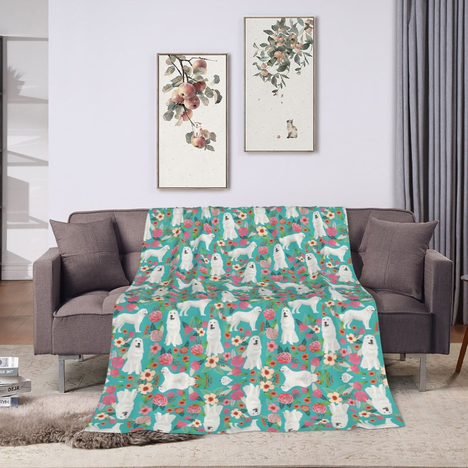 Wijzvio Great Pyrenees Dogs Flower Floral Throw Blanket Soft Fuzzy Fleece Blanket For Couch Bed Living Room Decoration 60"X50"