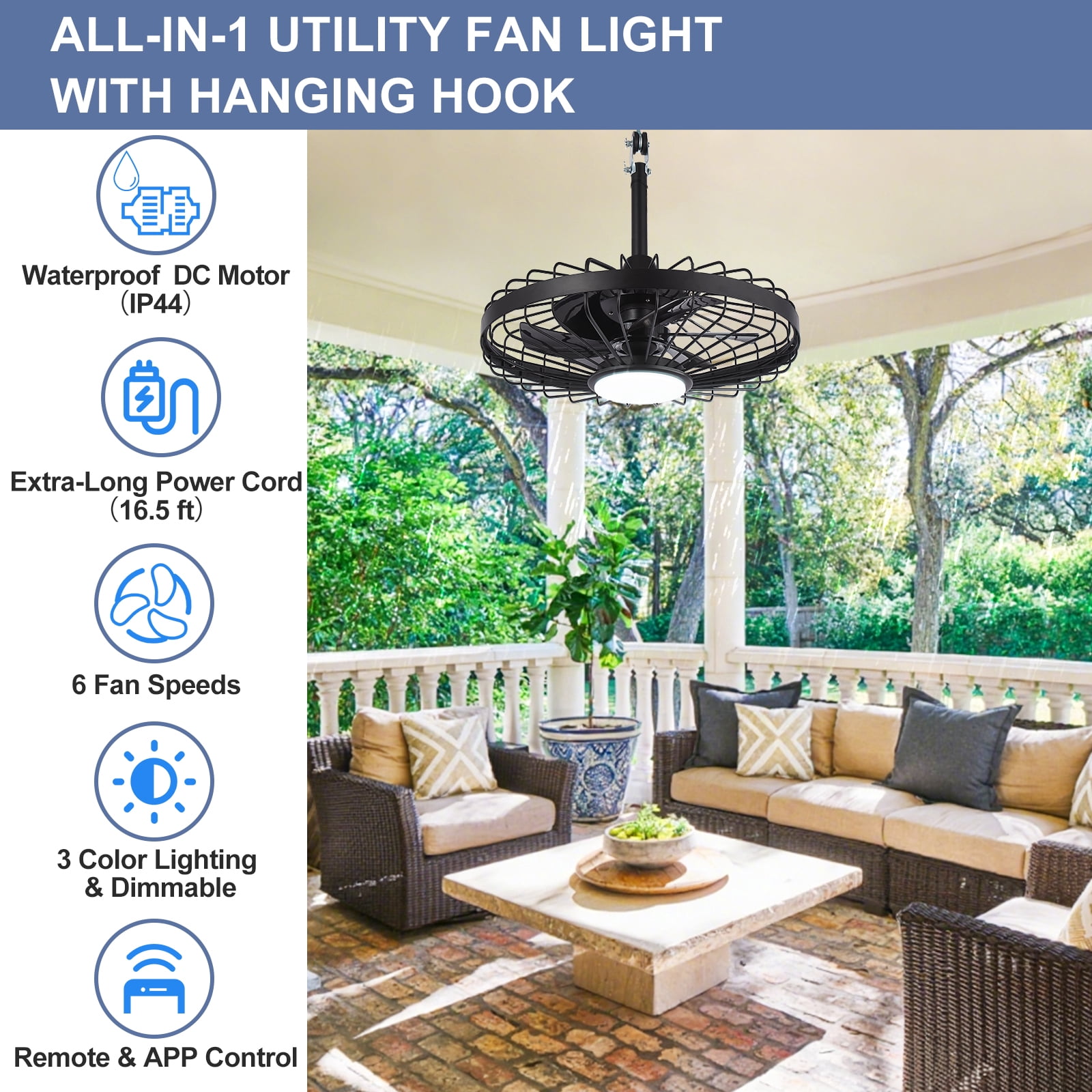 Depuley 20" Waterproof Outdoor Ceiling Fan with Light - IP44 Plug-in, Remote/App Control, 6-Speed Black for Gazebo, Patio, Pergola