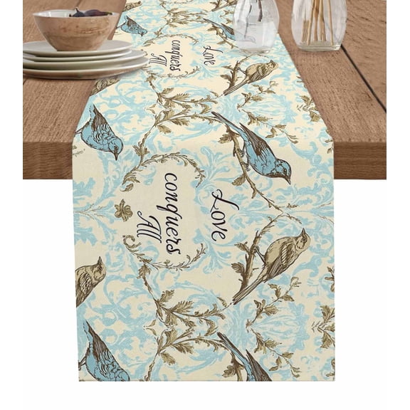 Vintage Summer Botanical Table Runner 72 Inches, Retro Birds Leaves Bed Runner Dresser Scarves Tabletop for Indoor Outdoor Parties/Ceremony/Banquet, 14" x 72"