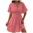 thumbnail image 2 of Conairie Womens Swim Suit Coverup Short Sleeve Loose Mesh Bathing Suits Cover Ups V Neck Summer Beach Midi Dress Vacation Outfits Pink M, 2 of 6
