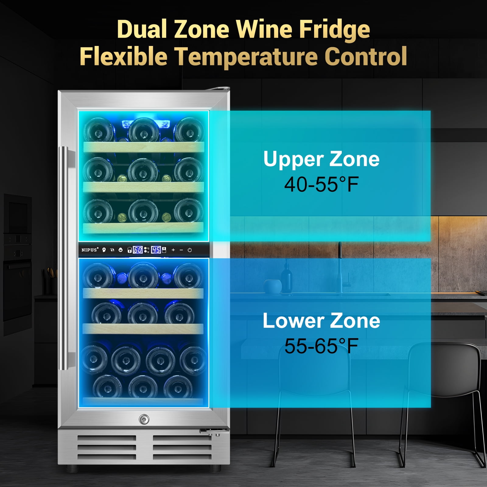 Nipus 15 Inch Wine Cooler Refrigerator,30 Bottle,Daul Zone,Low Noise Wine Fridge ,Built-in or Freestanding