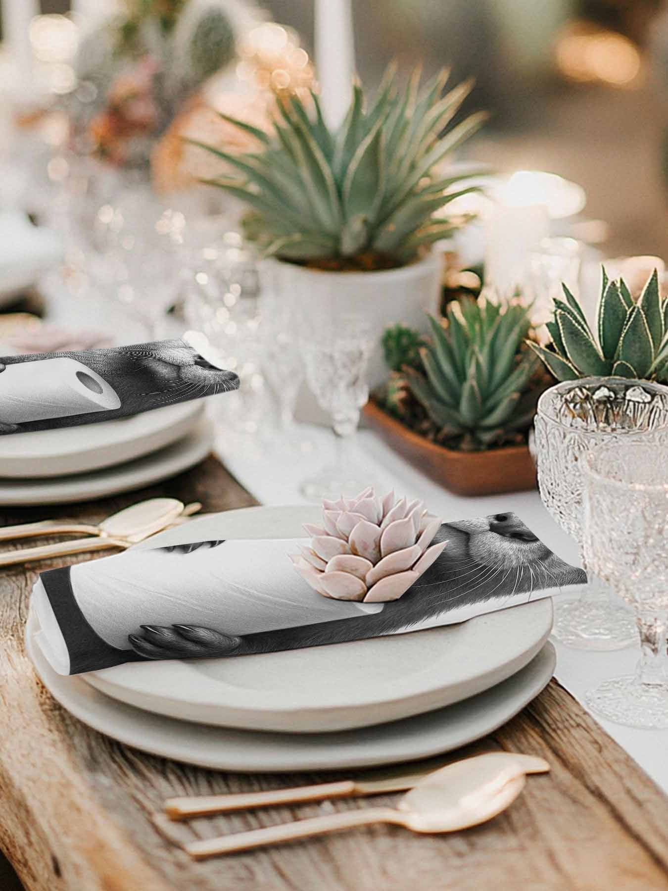Cute Otter Cloth Napkins Set of 4 Reusable Dinner Napkins, Funny Animal with Toilet Paper Cocktail Napkin Washable Table Napkins for Wedding/Holiday Party/Baby Shower 20"x20"