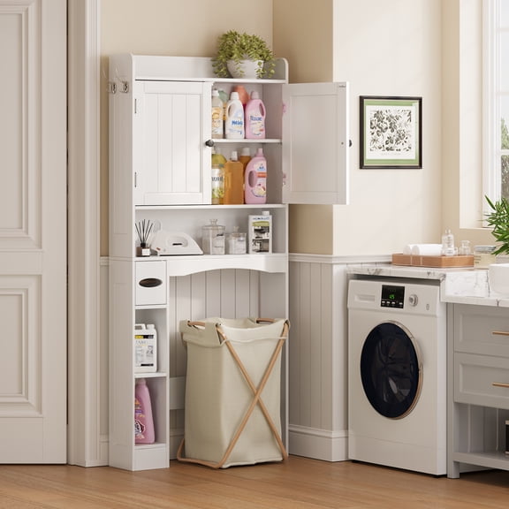 Over The Toilet Storage Cabinet, Asofer 70.3"H Bathroom Storage with Adjustable Shelf & Toilet Paper Holder, White