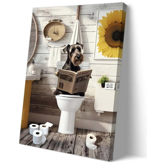Funny Schnauzer Dog Poster Bathroom Decor Dog on Toilet Reading Newspaper Poster Canvas Wall Art Print for Bedroom Horizontal Pictures Kitchen Artwork