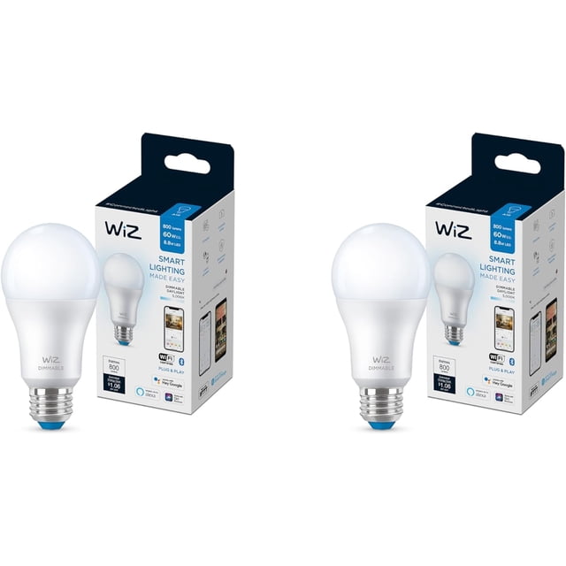 WiZ - foco LED inteligente de 60 W A19 regulable (5000 K) - Paquete de 2-800 lúmenes - E26 - Interior - Se conecta a tu Wi-Fi existente - Control con voz o aplicación - Activar c