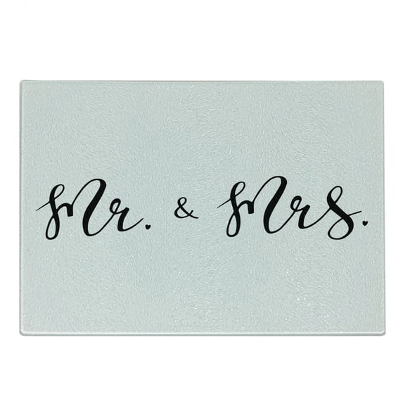 Engagement Party Cutting Board, Simplistic Mr and Mrs Text Caligraphic Fountain Pen Writing Design, Decorative Tempered Glass Cutting and Serving Board, Small Size, Black and White, by Ambesonne