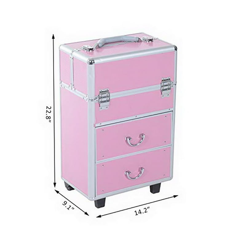 Lowestbest 4 Tier Lockable Rolling Cosmetic Makeup Train Cases, Pink Wheels Rolling Cosmetic Case for Women, Cosmetic Organizer Makeup Case with Extendable Trays