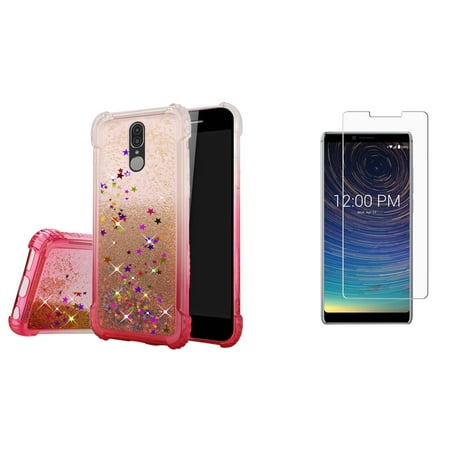 Bemz Glitter Series Compatible with Coolpad Legacy (2019) Case with Slim Flowing Liquid Quicksand Waterfall Two-Tone Cover (Hot Pink/Stars), Tempered Glass Screen Protector and Atom