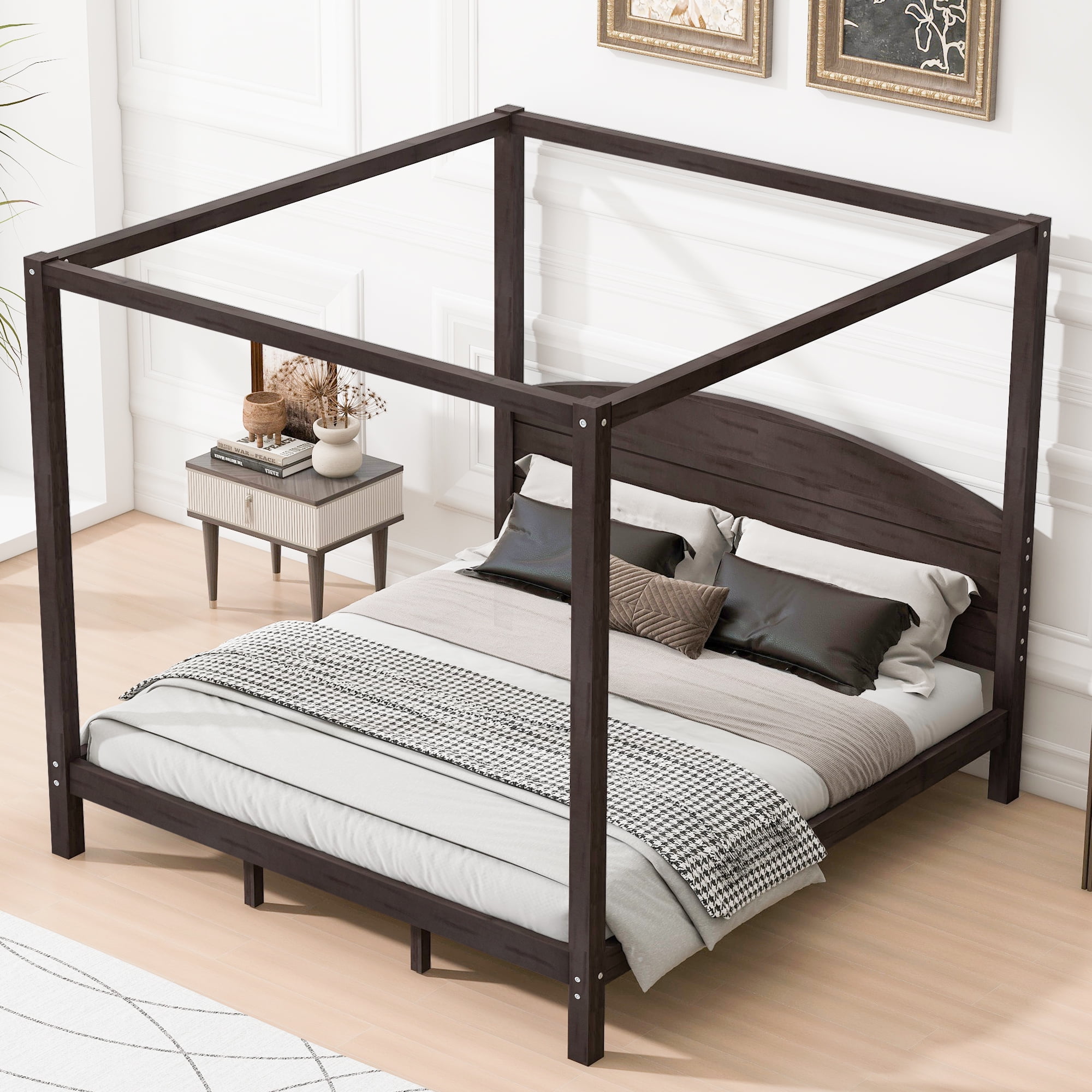 EUROCO Wood King Size Canopy Bed Frame, Solid Wood Platform Bed Legs for Kids Teens Adults, Brown