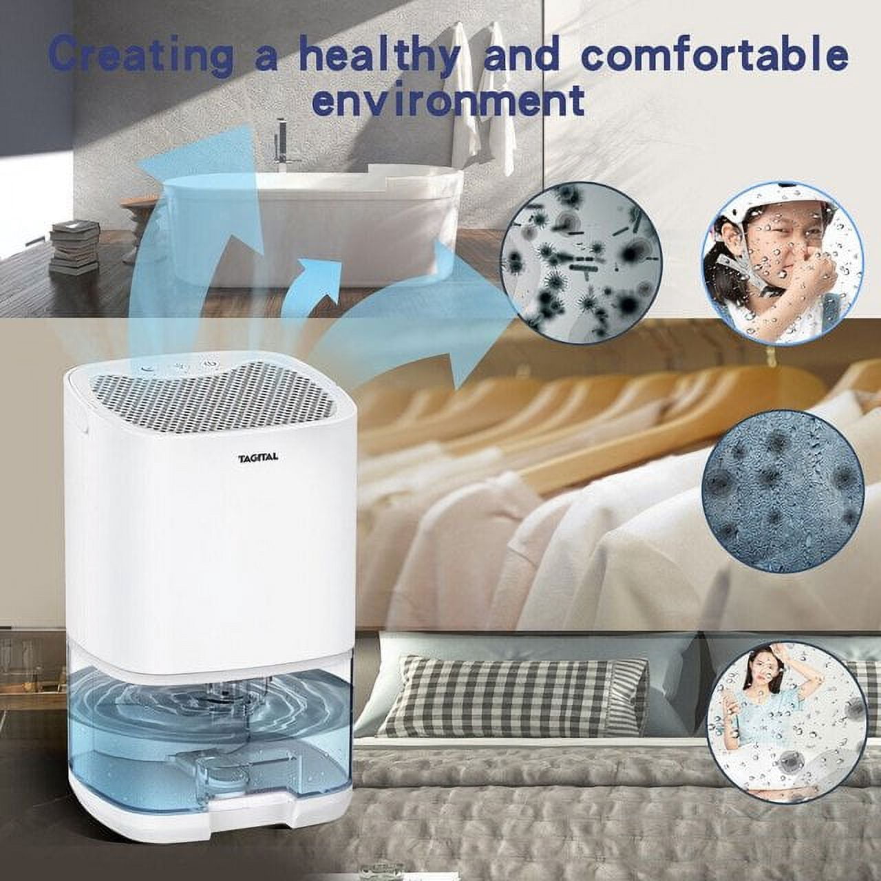 Tagital Household Dehumidifier 35oz Two Working Modes Ultra Quiet Portable Dehumidifier with 7 Colorful LED Lights