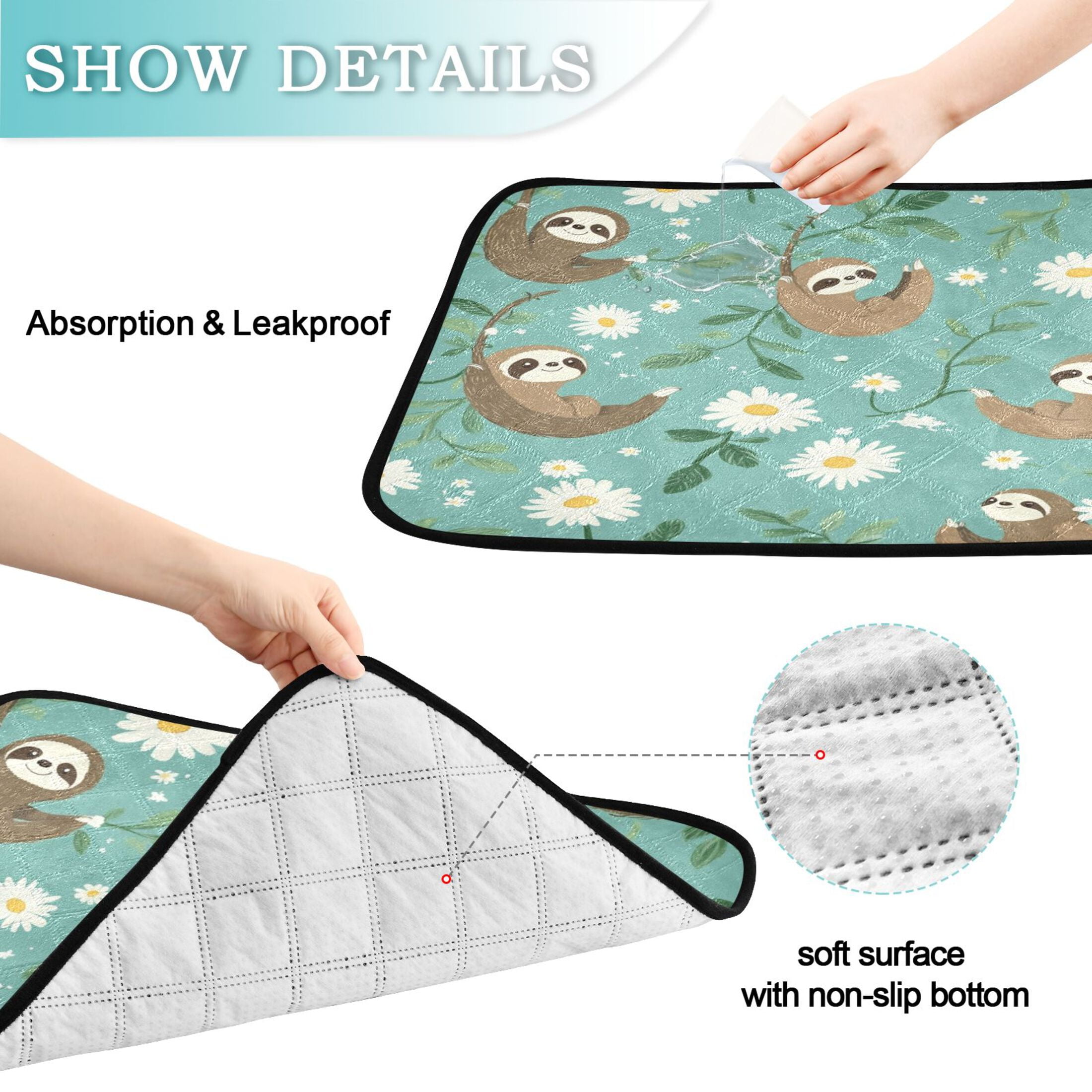 Qxltty Pattern with Daisies and Sloths Hanging on Vines Cat litter Pads Pet Set of 3 Diaper Mats Center Anti-leakage Layer Absorbent Soft and Comfortable