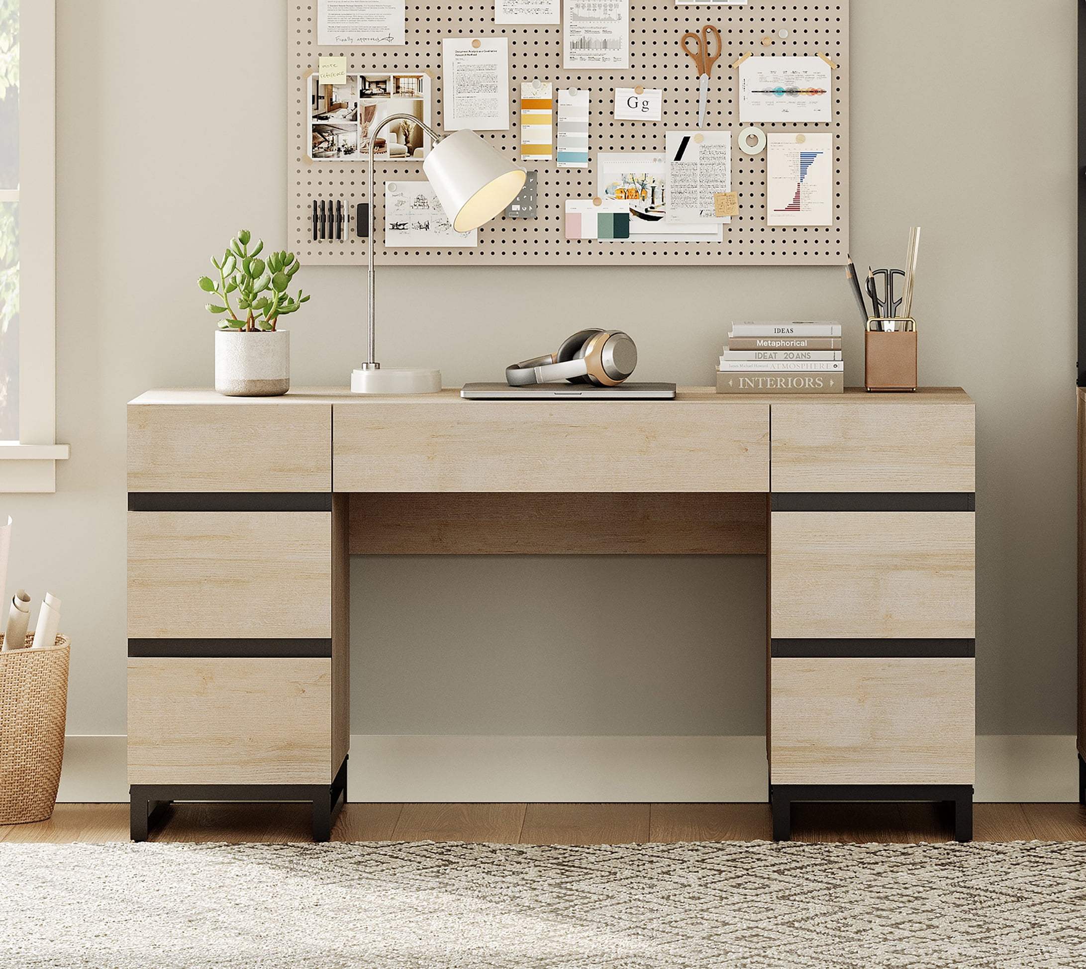 WAMPAT Home Office Furniture Set: 59in Modern Executive Desk with Charging Station and Drawers and 2 PCS 72in Tall Bookcases with 6 Drawers, Home Office Furniture for Living Room, Bedroom, Beige
