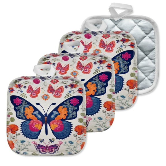 4 Pack Pot Holders,Kitchen Essential, Potholder Set,Exquisite Pattern Of A Large Blue Butterfly With Flowers