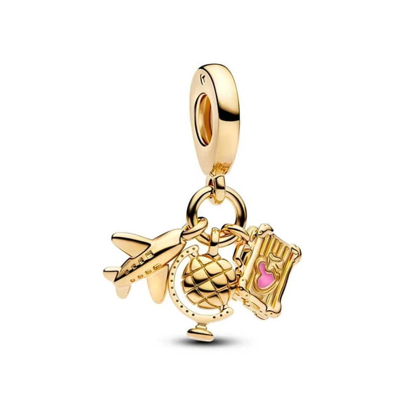 925 Sterling Silver Airplane&Globe&Suitcase Golden Travel Triple Dangle Charm for Bracelet Charms Bangle Pendant Jewelry