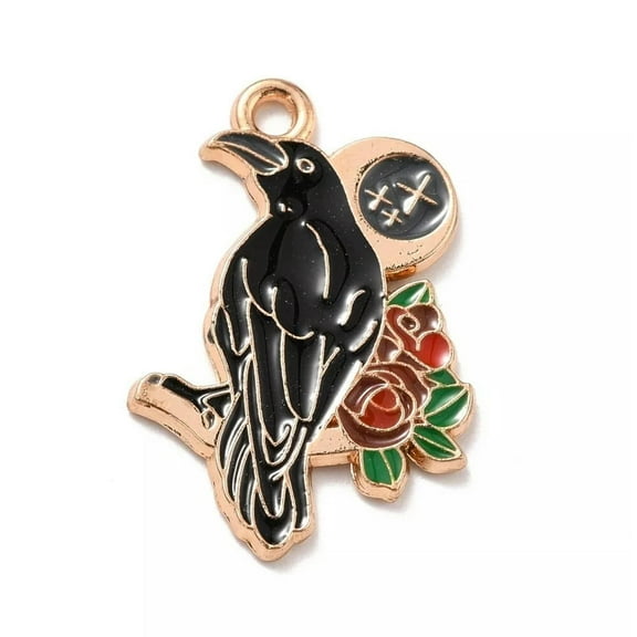 U8MO 2 Enamel Raven Charms Black Pendants Halloween Findings Crow Jewelry Gold Floral