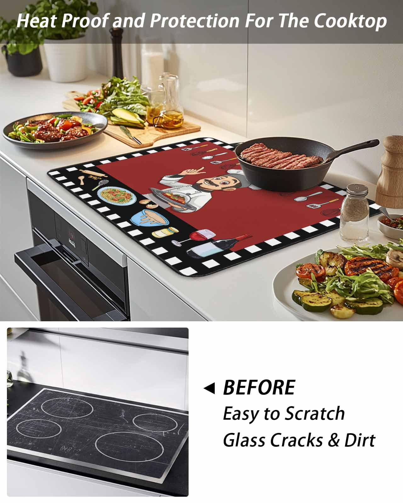 Stove Top Covers for Electric Stove, Cheg Red Glass Stovetop Cover Protector, Black White Check Buffalo Plaid Grid Lattice Induction Cooktop Protector Oven Mat for Kitchen Countertop 28.5"x20.5"
