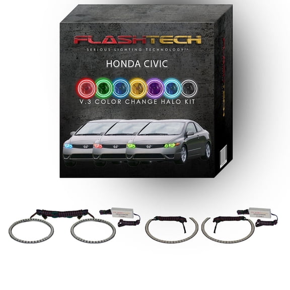 Flashtech RGB Multi Color Changing LED Halo Ring kit for 2006-2008 Honda Civic Headlights