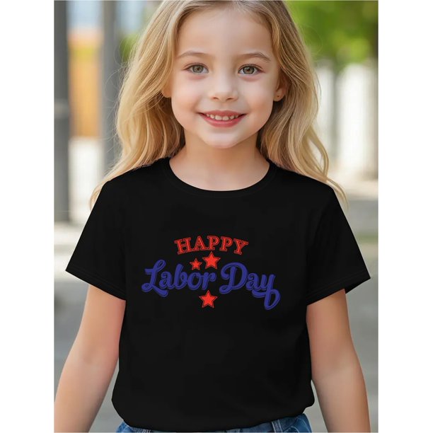 Girls' Happy Labor Graphic T-Shirt - Cute Cartoon Letter Print with Stars, Light Grey Casual Short Sleeve Round Neck Tee, Spring Summer Machine Washable Top for Kids & Teens, Holiday Gift Idea, S
