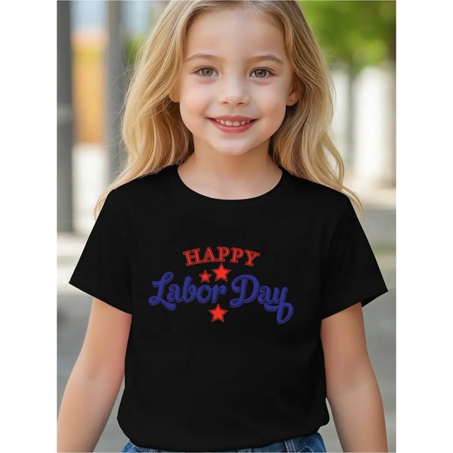 Girls' Happy Labor Graphic T-Shirt - Cute Cartoon Letter Print with Stars, Light Grey Casual Short Sleeve Round Neck Tee, Spring Summer Machine Washable Top for Kids & Teens, Holiday Gift Idea, S