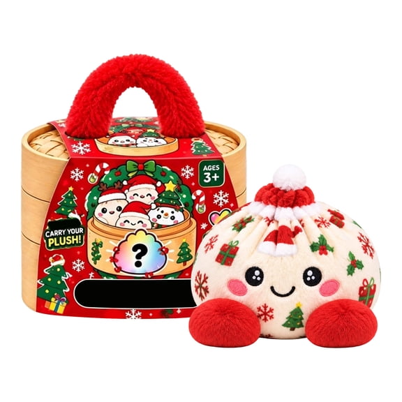 Christmas Mystery Plush Dumpling Squishy, Cute Stuffed Dumpling Squishy Plush Fidget Toy, Collectible Stress Relief Gift with Simulated Steamer & Fuzzy Handle,Christmas Stocking Stuffers, Home Decor