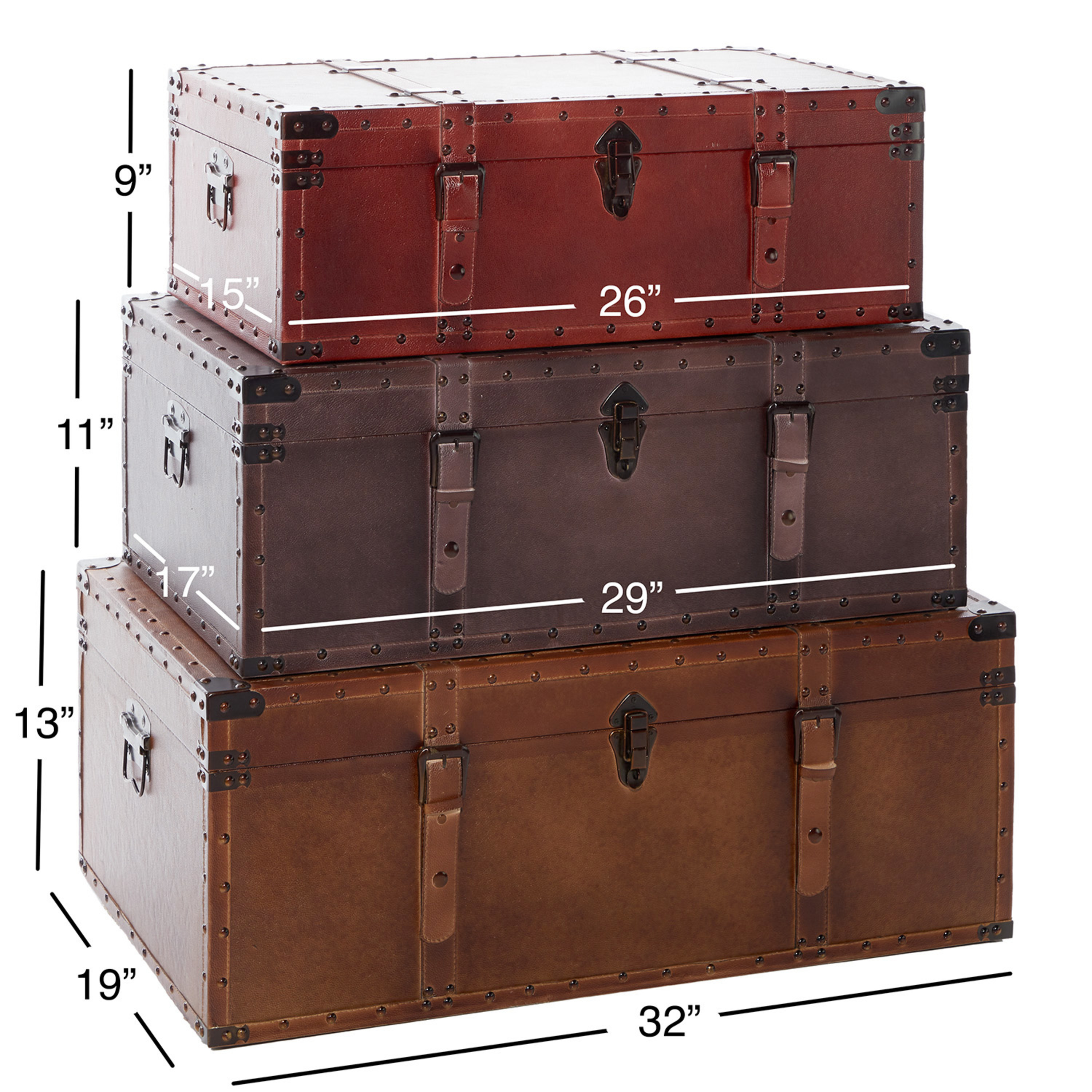 DecMode Rustic Wood Stacked Style Storage Trunk, Set of 3 32", 29", 26"W with Red, Taupe Brown, and Tan Finish - image 5 of 19