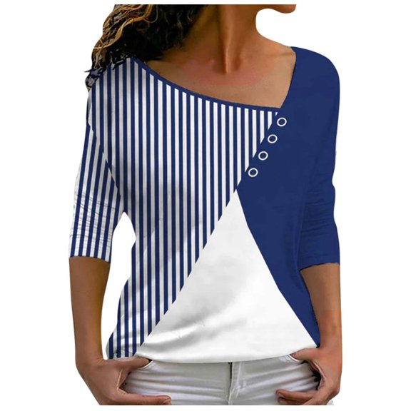 IROINNID Discount Womens Long Sleeve V-Neck Shirts V- Stripe Color Blocking Printing Recreational Tops,Blue
