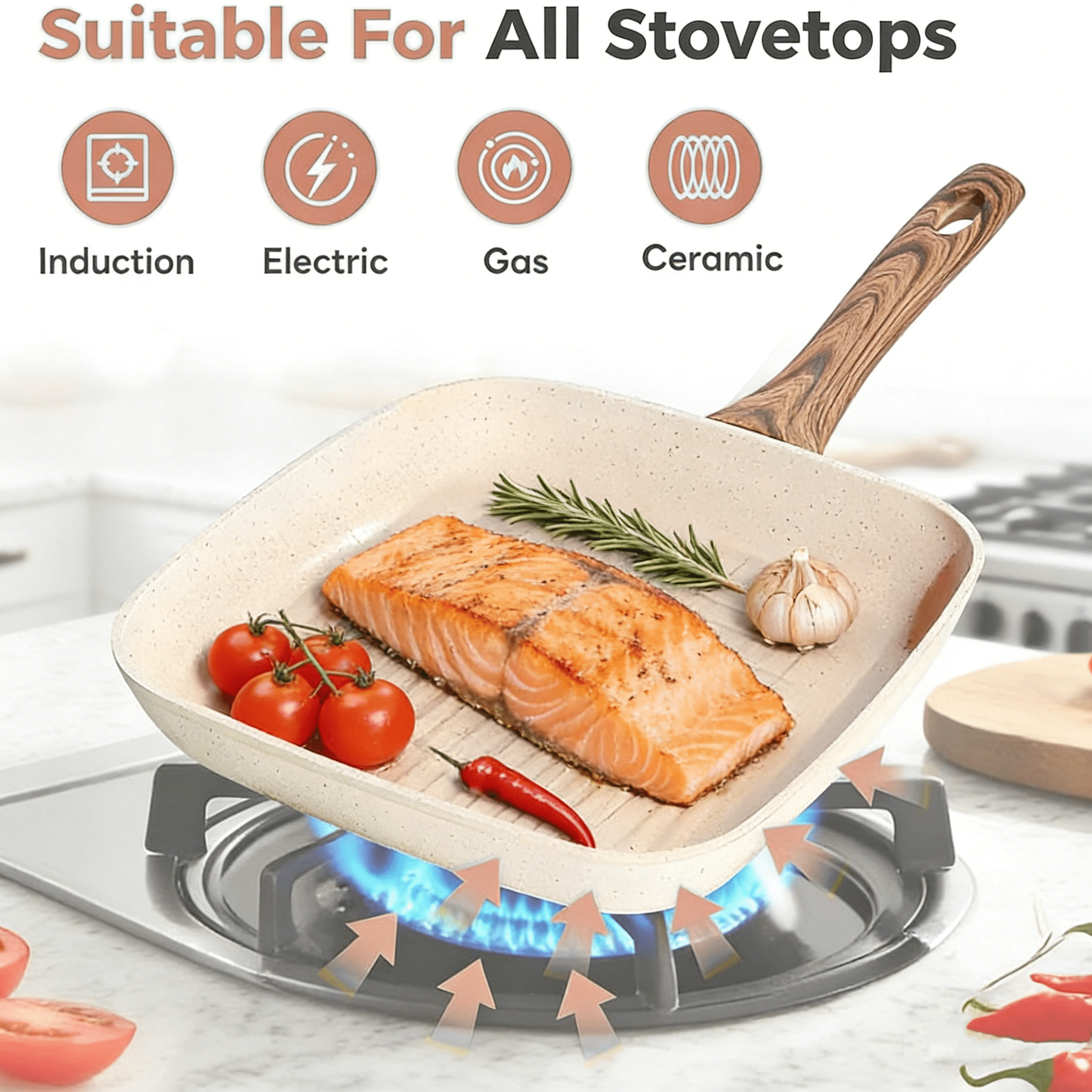 Parcus 3 Pieces Nonstick Grill Pan Set, Square Grill Pans with Stay-Cool Handles, Compatible with All Stovetops for Steak BBQ Vegetables, (9.5" 10" 11"), Beige