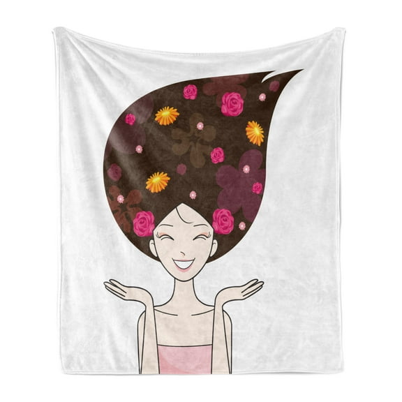 Hair Salon Soft Flannel Fleece Throw Blanket, Anime Inspired Happy Face Woman with Flowers in Her Brunette Hair, Cozy Plush for Indoor and Outdoor Use, 50" x 70", Multicolor, by Ambesonne
