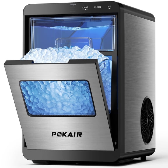 POKAIR Nugget Ice Maker Countertop, Sonic-Style Chewable Pebble Ice in 9 Min, 44 lbs/Day, Touch Screen, Self-Cleaning, ETL, Brushed Stainless Steel