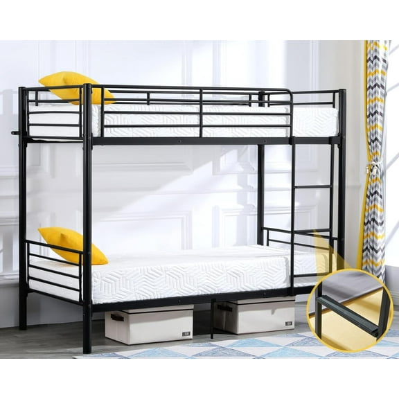 Matladin Twin Over Twin Bunk Bed with Flat Ladder and 13 inches High Guardrail, 800 lbs Total Weight Capacity, Metal Space Saver Bed with Stairs