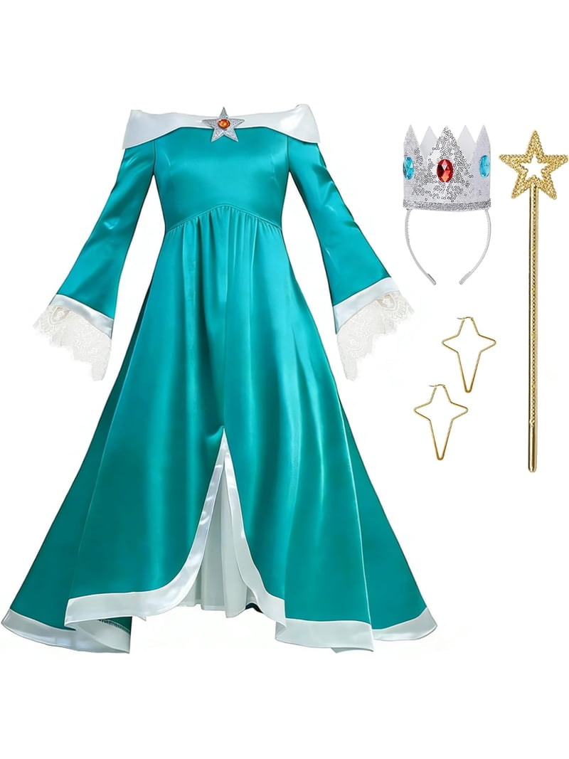 character dress up for birthday parties Guvpev G'irl's Deluxe Princess Dress, Halloween Off-Shoulder Fancy Costume with Crown & Wand Accessories, Video Game Cosplay Outfit comic cons 7.27.24 Zapaka Women A-Line Midi Color:Agave Green