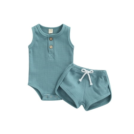

Musuos Baby Boy Girl Waffle Knit Sleeveless Button-down Romper Tops Drawstring Shorts