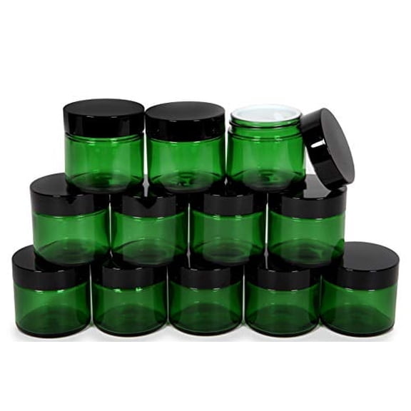 Vivaplex, 12, Green, 2 oz, Round Glass Jars, with Inner Liners and black Lids