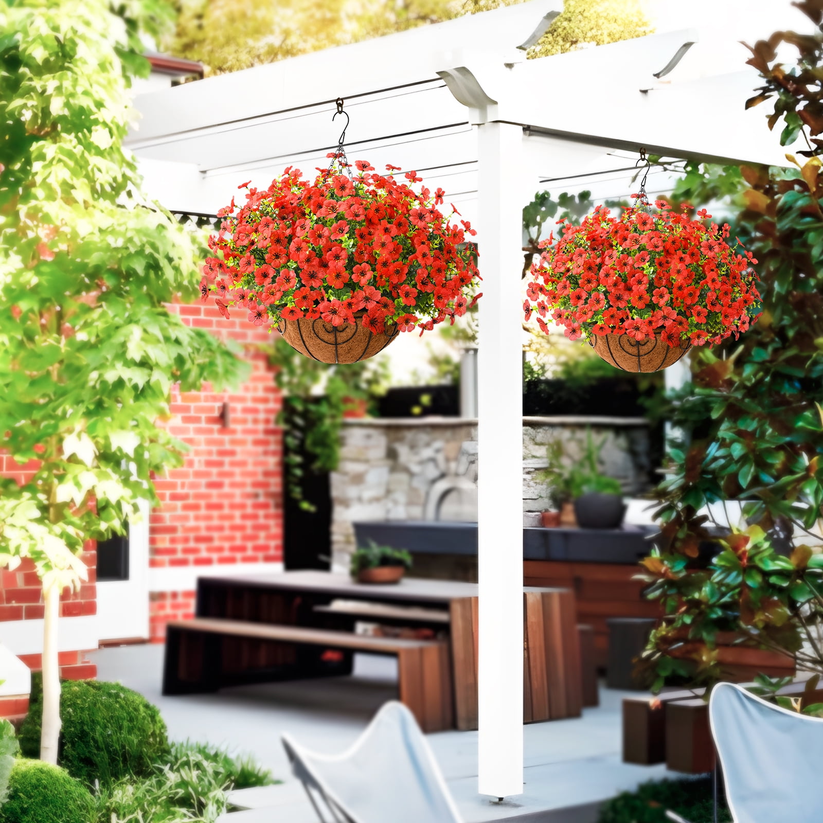 Artificial Faux Hanging Plants Flowers Basket Outdoor Porch Garden Summer Decoration,Fake Silk Daisy in Planter Realistic UV Resistant for Outside Home Patio Balcony Yard(Red)