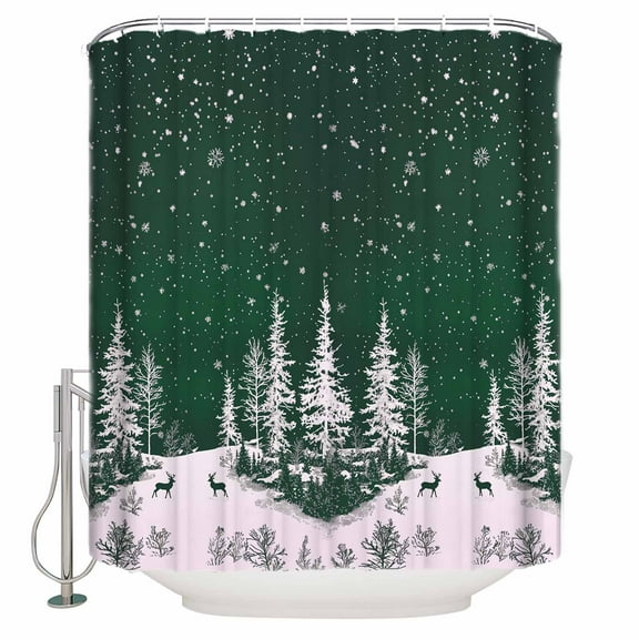 Extra Long Shower Curtain 72x84 Inch, Green Christmas Shower Curtain Waterproof Bathroom Decor Christmas Tree Xmas Snowflake Fabric Bath Curtain Set Accessories with Hooks