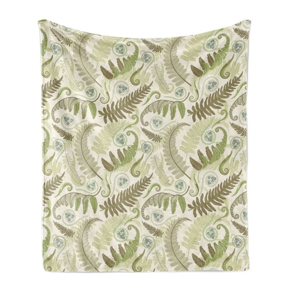 Botany Soft Flannel Fleece Throw Blanket, Fern Leaves Curlicue Botanical Adornments Print on Pastel Background, Cozy Plush for Indoor and Outdoor Use, 60" x 80", Eggshell and Dark Tan, by Ambesonne