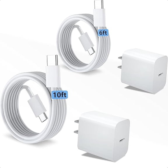 Quyaojz for USB C Charger Compatible With iPhone 15 16 17 Charger Fast Charging iPad Pro/Air/A16/10th/Mini 6 7 A17 Pro, 20W Type C Fast Charging Block 2Pcs & 6ft 10ft C to C Cable White