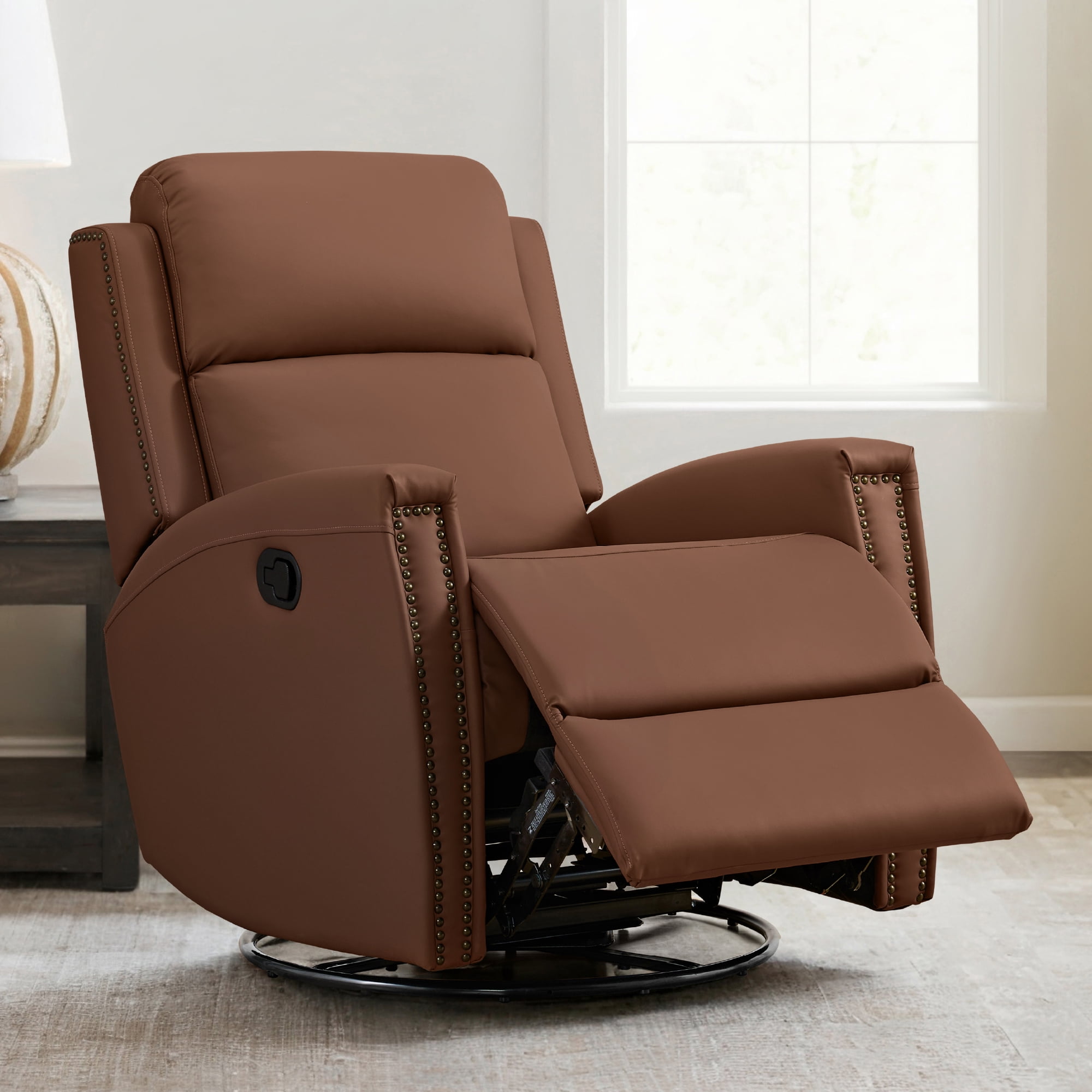 Spruce & Spring 360° Swivel Glider Recliner with Nailhead Accents for Nursery, Terracotta Brown