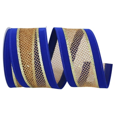 Reliant Ribbon - 90659W-988-40F, Velvet Mesh Middle Wired Edge Ribbon, Royal/gold, 2-1/2 Inch, 10 Yards