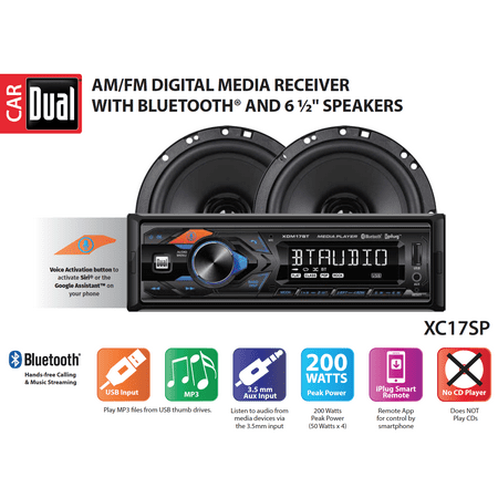 Dual Electronics XC17SP High Resolution LCD Single DIN Car Stereo Receiver with Built-In Bluetooth, USB, MP3, Siri/Google Assist Button & Two 2-Way High Performance 6.5-inch Car Speakers