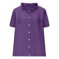 thumbnail image 5 of Wrinkle-Resistant Linen-Blend Button-Down Office Essential with Hidden Placket, Spring Weekend Brunch & Farmers Market Outfits, Purple Cotton Linen Shirts for Women Short Sleeve Button down Top, 5 of 6