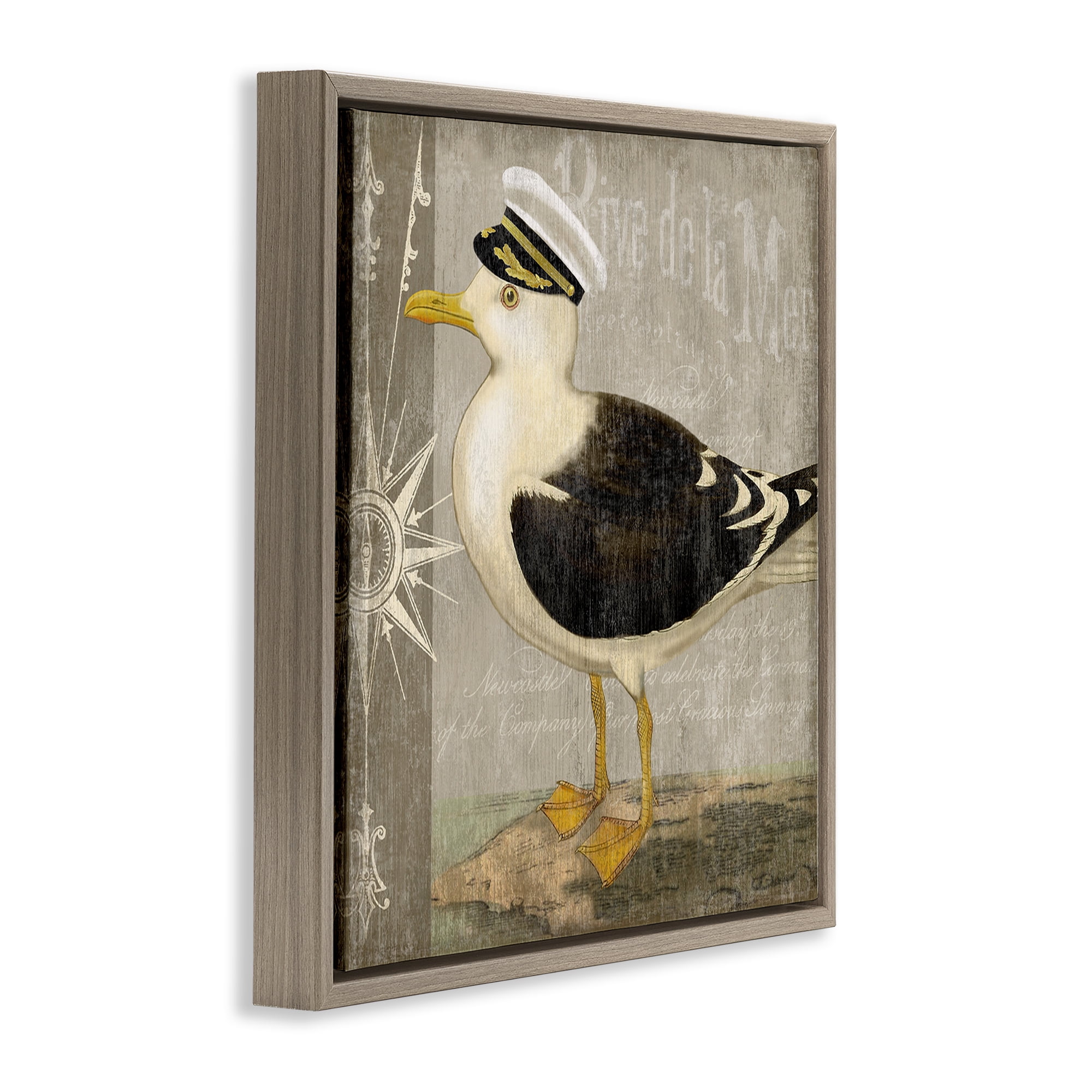 Stupell Industries Little Maritime Seagull Brown Framed Floater Canvas Wall Art, design by Suzanne Nicoll
