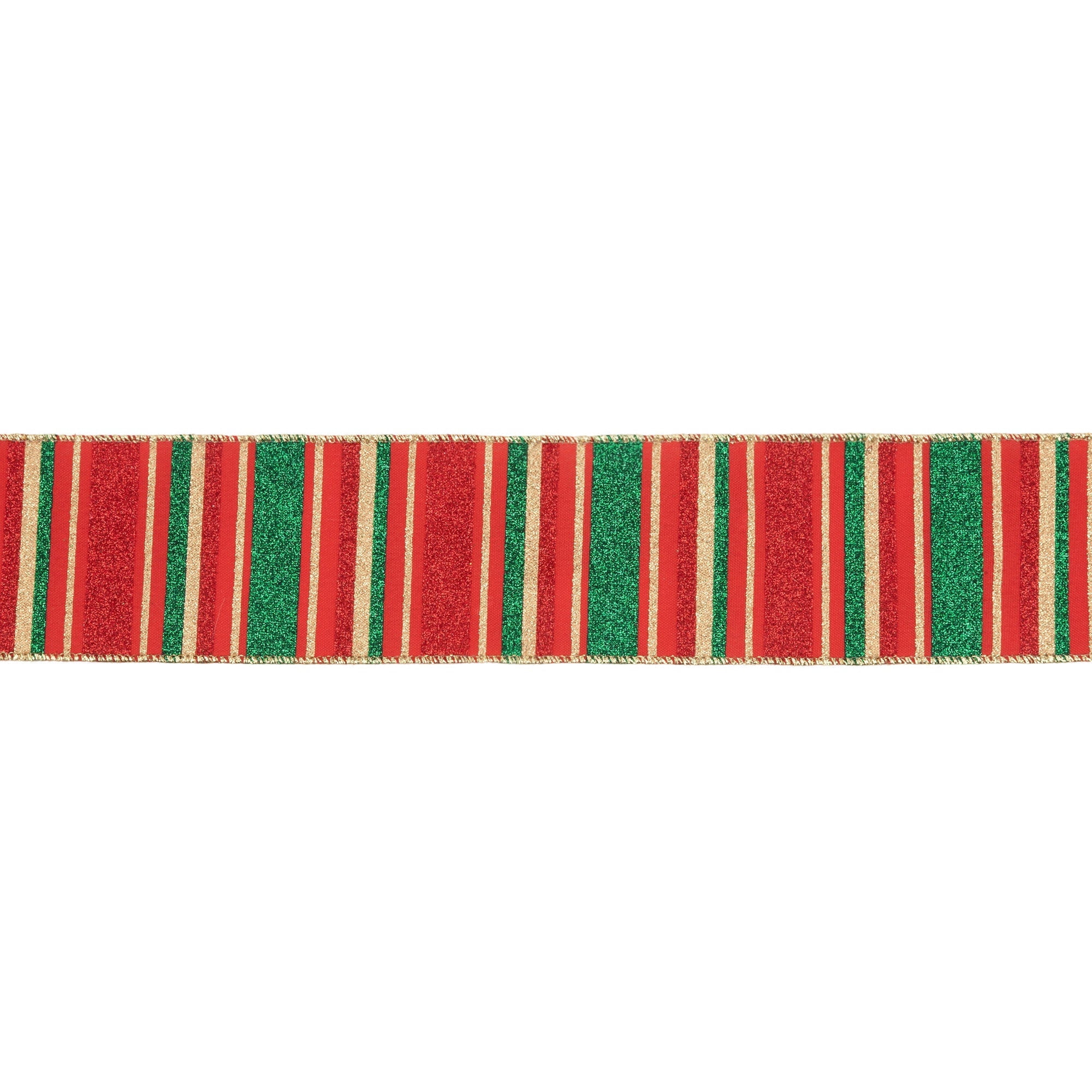 LaRibbons 2 1/2" Wired Ribbon, Red, Green, Gold Horizontal Glittered Stripes on Red, 10 Yard Roll