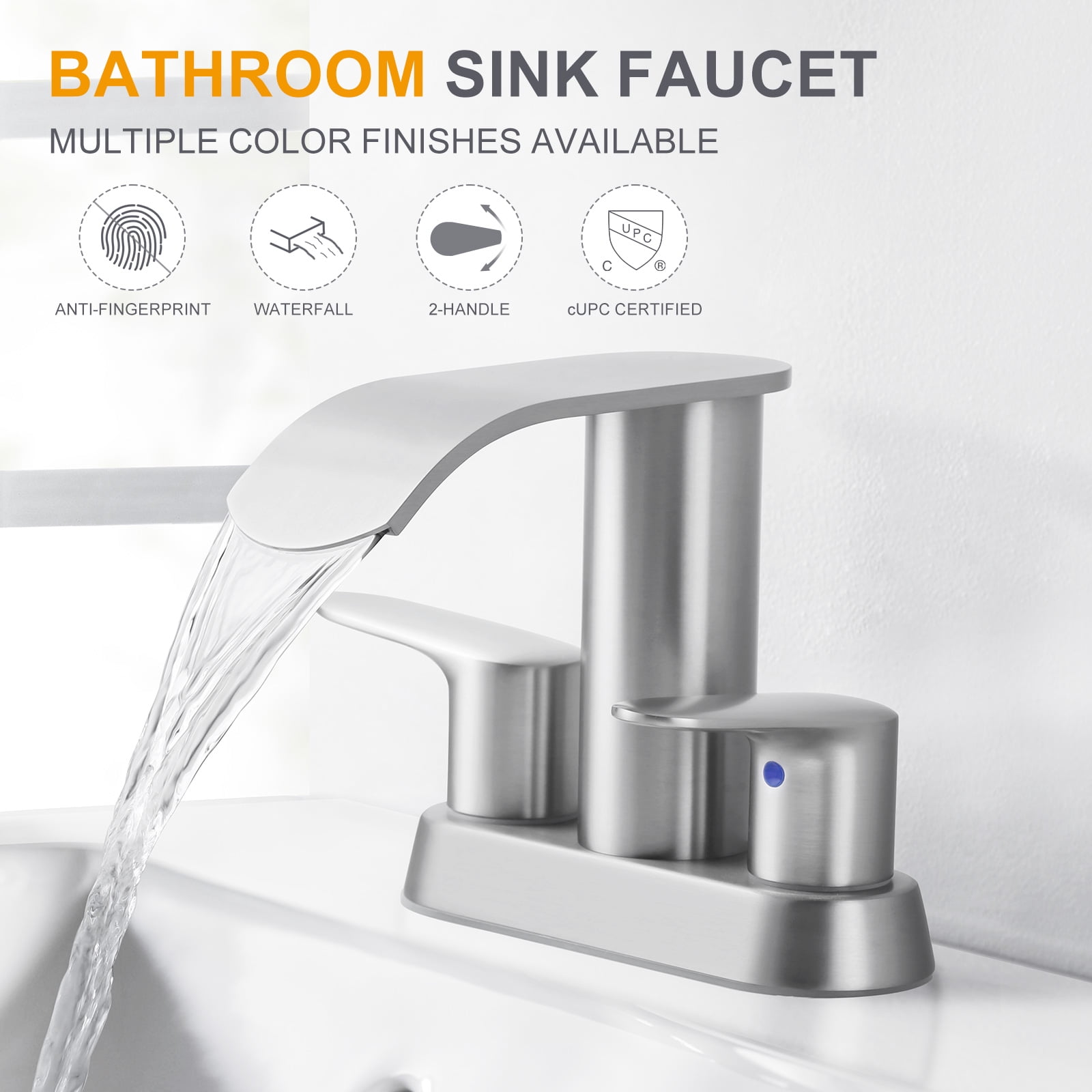 WOWOW 4 inch Brushed Nickel 2-Handle Bathroom Sink Faucet with Pop-up Drain - Lead-Free Stainless Steel Centerset Faucet for Vanity, RV, Waterfall Bathroom Sink Faucet